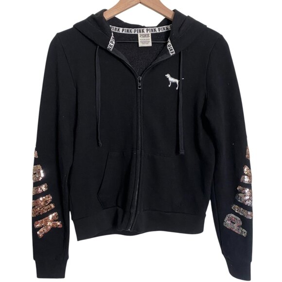 Victoria’s Secret Pink Rose Gold Silver Ombre Bling Sequin Hoodie S Black Zip Up - Picture 3 of 7